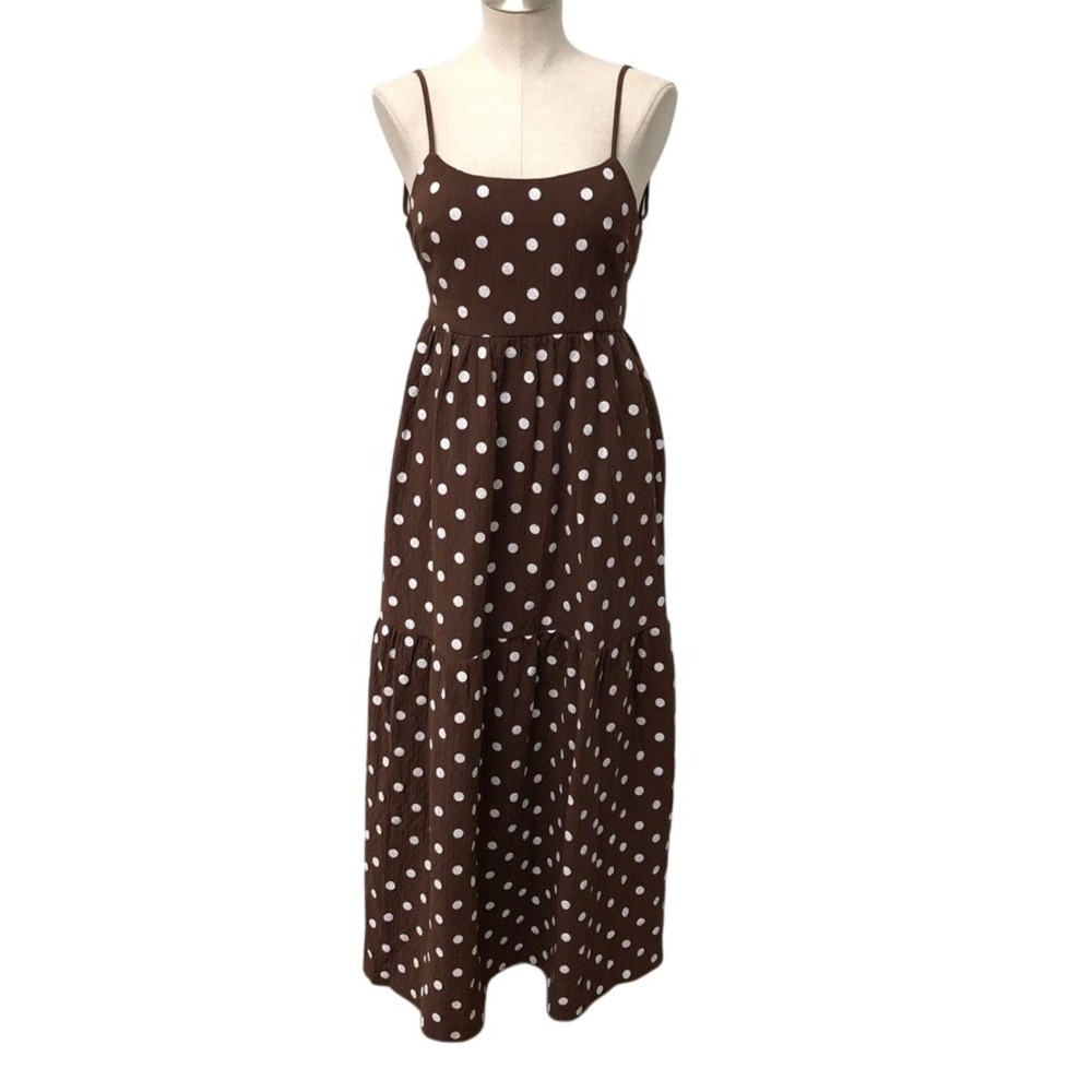 Commense Maxi Dress Womens S Brown Polka Dot Cotton Open Back Tiered NWT